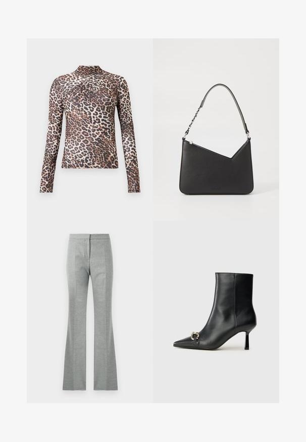 Pitkähiha, korkeakauluksinen naisten paita, jossa on ruskea ja musta leopardikuvio sekä hienovarainen taitteen yksityiskohta rinnassa.; Harmaat levenneet housut, joissa on pystysuorat saumat, valmistettu pehmeästä, teksturoidusta kankaasta. Kauttaaltaan sopivat vyötärö ja sileä pinta.; Musta nahkasaapas nilkkapituisilla, terävillä kärjillä, hoikalla keskipituisella korolla ja hopeavöillä sivussa yksinkertaista taustaa vasten.; Musta nahkakäekott kolmnurga kujuga, peene rihmaga ja hõbedaste detailidega. Omab lukuga sulgemist ja esiküljel on reljeefne logo.
