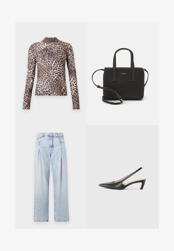 Dlhý rukáv, vysoký golier, dámske tričko s hnedo-čiernou leopardou potlačou a jemnými skladmi v oblasti hrudníka.; Svetlomodré džínsy s vysokým pásom, širším strihom po celej dĺžke, dvoma bočnými vreckami a skladaným dizajnom. Mäkka textúra s vyblednutým vzhľadom.; Čierne slingback topánky s ostrou špičkou a nízkym opätkom, vyrobené z hladkej kože a s výrezmi na boku pre lepšiu priedušnosť.; Čierna kabelka s dvojitými krátkymi rúčkami a odnímateľným ramenným popruhom. Hladký materiál podobný koži s uzatváraním na zips a detailom loga.