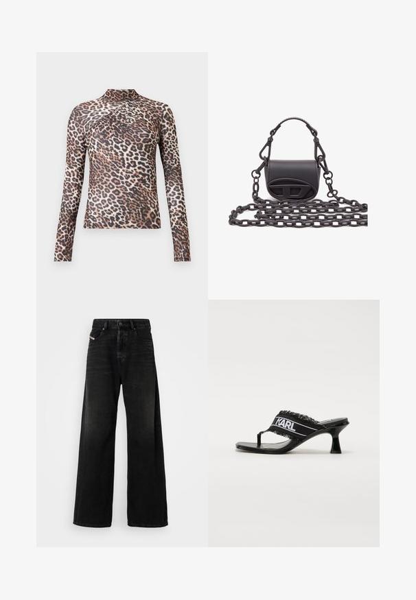 Langermet topp med høy hals til kvinner, med brun og svart leopardmønster og subtile plissédetaljer over brystet.; Bredde ben svarte denimjeans med høy midje, med knappelukking, frontlommer og en falmet tekstur.; Svarte hælhøye sandaler med tåpostdesign, stoffstropp med frynser, og hvit logo detalj. Glansfull lakkfinish.; Liten svart håndveske laget av glatt lær, med rund form, frontlogo og en teksturert kjedehåndtak.