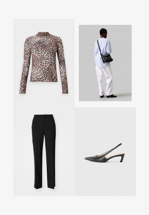 Garā piedurkne, augsta kakla sieviešu blūze ar brūnu un melnu leopardu rakstu un smalku plisēšanas detaļu krūšu daļā.; Melnas pielāgotas bikses ar taisnu kāju dizainu, kas raksturojas ar gludu faktūru un asiem krokām pa priekšu. Nav redzamu metāla detaļu.; Melna, ar smailu purngalu, slingback kurpe ar zemu papēdi, izgatavota no gludas ādas materiāla un ar izgriezumiem sānos gaisa caurlaidībai.; Melna ādas plecu soma ar mīkstu tekstūru, trīsstūra formu un regulējamu siksnu, apvienota ar gaiši zilu svītrotu krekli un baltām biksēm.