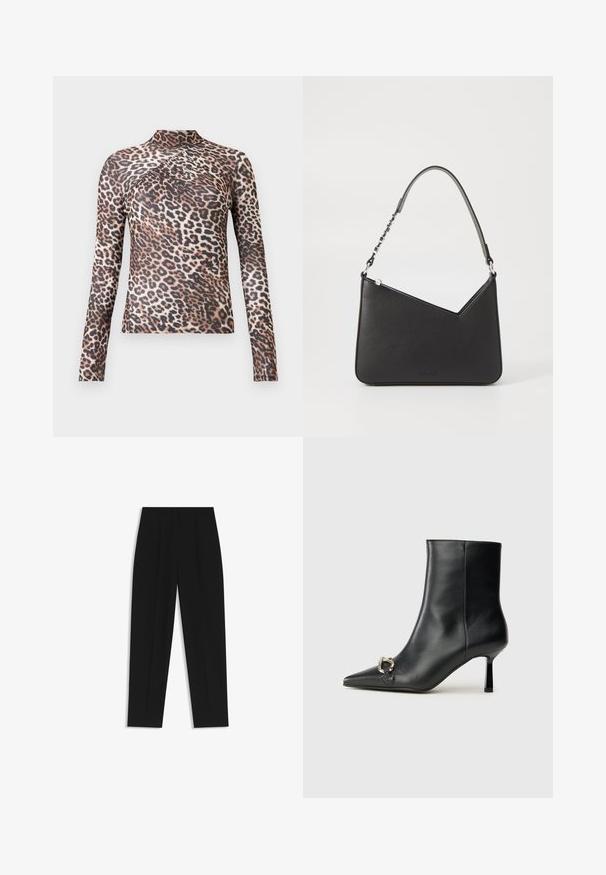 Langärmliges Damenoberteil mit hohem Kragen, braun-schwarzem Leopardenmuster und subtilen Faltendetails über der Brust.; Schwarze Hose mit geradem Schnitt, doppelten Falten, einer glatten Textur und einem klassischen Bunddesign. Keine sichtbaren Beschläge oder Akzente.; Schwarze Leder-Stiefelette mit spitzer Zehe, schlankem, mittelhohem Absatz und silberner Schnalle seitlich vor einem schlichten Hintergrund.; Schwarze Lederhandtasche in dreieckiger Form, mit schmalem Tragegurt und silbernem Zubehör. Sie verfügt über einen Reißverschluss und ein geprägtes Logo auf der Vorderseite.