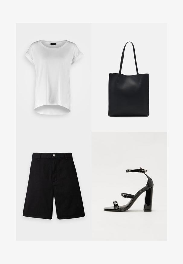 Balta trumpų rankovių marškinėliai su apvaliu kaklu, šiek tiek ilgesne nugaros dalimi, minkštas medvilnės audinys ir suktos rankovės. Matomų raštų nėra.; Juodi šortai, pagaminti iš patvarios medžiagos, turi tiesaus kirpimo dizainą, priekinės kišenės, užtrauktuko uždarymą ir metalinį mygtuko užsegimą.; Juoda blizgi lakuota basutė su kvadratiniu pirštu, kulkšnies dirželiais ir sidabro sagtimis. Yra tvirta blokinė kulno konstrukcija, užtikrinanti stabilumą.; Juodas odinis tote krepšys su lygia tekstūra, stačiakampio formos ir dviem ilgais rankenomis. Matomų metalinių detalių ar puošybos nėra.