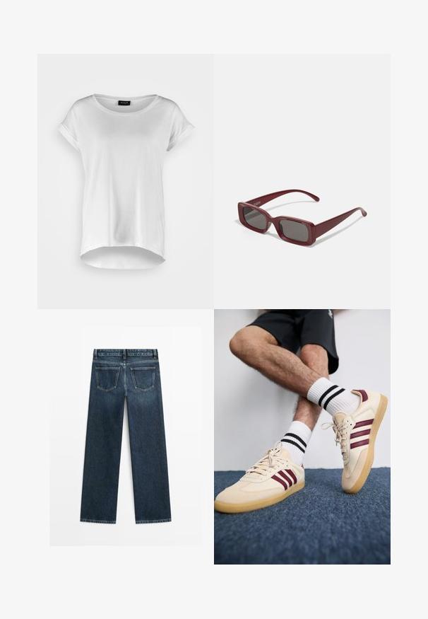 Hvid kortærmet T-shirt med rund halsudskæring, lidt længere bagkant, blødt bomuldsstof og oprullede ærmer. Ingen synlige tryk.; Mørkeblå denimjeans i lige snit med to baglommer og synlig syning langs sømme og kanter.; Beige sneakers med maroon striber, tekstureret overdel og gummigummisål, parret med ribbede hvide sokker med sorte striber.; Bordeaux rektangulære solbriller med mørke linser, tykke stel og aftagende tempoer. Lavet af glat plast med en glat tekstur.; Sølvmetal øreringe med et bølgende, skulpturelt design, der har en poleret overflade og uregelmæssige former, hvilket fremhæver en moderne æstetik.
