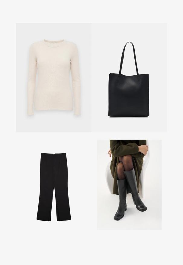 Svijetlo bež pulover dugih rukava s rebrastom teksturom, okruglim izrezom i prilagođenim dizajnom. Mekani materijal i bešavne manšete.; Crne hlače ravnog kroja, s prednjim džepovima i bočnim prorezima na rubu. Izrađene od mekog i glatkog materijala. Pogodne za razne prigode.; Čizme od crne kože do koljena sa četvrtastim vrhom i blok petom, prikazane s manekenkom koja sjedi u maslinasto zelenom kaputu. Glatka tekstura, minimalni detalji.; Crna kožna torba za nošenje s glatkom teksturom, pravokutnim oblikom i dvije duge ručke. Nema vidljivih metalnih dijelova ili ukrasa.