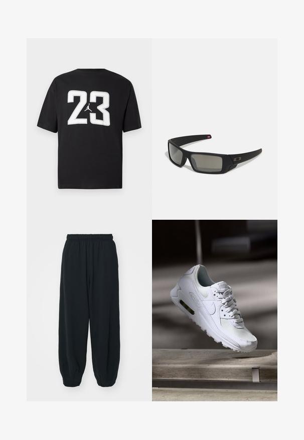 Must musta t-särk, millel on esiküljel suur valge "23" ja Jumpman-logo; lühikesed varrukad ja klassikaline ümmargune kaelus.; Mustade elastse vöökoha ja laia lõikega dressipüksid, mansetiga sääred, sile tekstuur ning ilma nähtavate mustrite või detailideta.; Valged Nike Air Max 90 sneakers, millel on võrkkangast ja nahast ülemine osa, aukudega varbadosa ning nähtav õhuüksus kandades.; Mustad mustaga viimistlusega prillid, ristkülikukujulised läätsed, templite kerge kõverus, diskreetne logo detail ja suitsutatud läätsed.