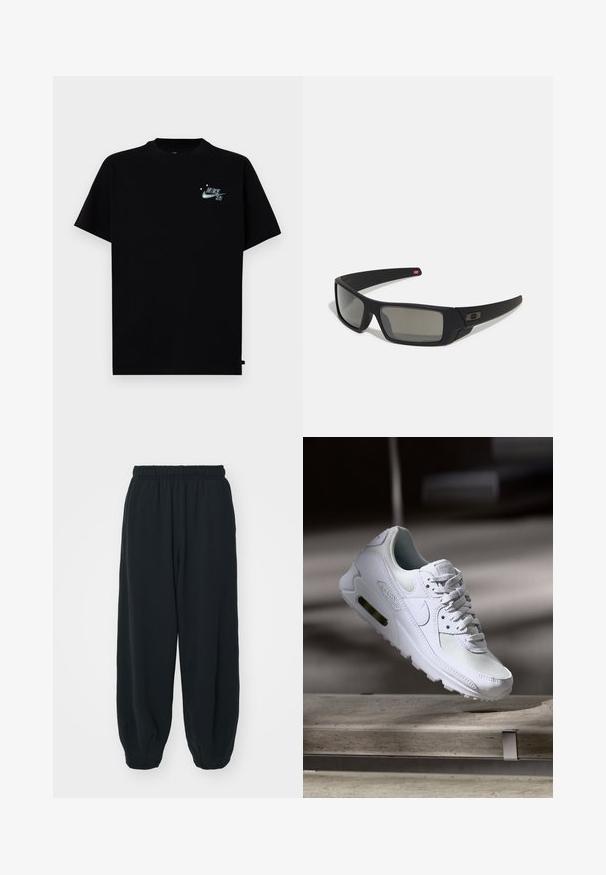 Must have t-särk, millel on lühikesed varrukad ja ümmargune kaelus, ning mille vasakul rinnal on valge ja sinine graafiline logo.; Mustade elastse vöökoha ja laia lõikega dressipüksid, mansetiga sääred, sile tekstuur ning ilma nähtavate mustrite või detailideta.; Valged Nike Air Max 90 sneakers, millel on võrkkangast ja nahast ülemine osa, aukudega varbadosa ning nähtav õhuüksus kandades.; Mustad mustaga viimistlusega prillid, ristkülikukujulised läätsed, templite kerge kõverus, diskreetne logo detail ja suitsutatud läätsed.