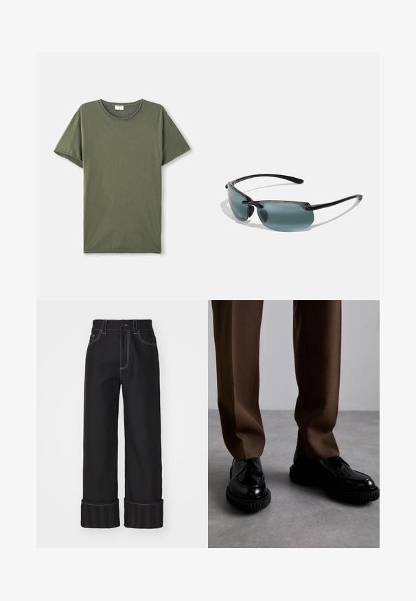 Gładka oliwkowo-zielona koszulka z krótkim rękawem o okrągłym dekolcie leżąca płasko na białym tle.; Czarne spodnie dzwonowe z kontrastującymi białymi szwami, pięciomasztowe, z prążkowanymi mankietami. Materiał wydaje się mocny o gładkiej fakturze.; Czarne skórzane buty z żebrowanymi czarnymi podeszwami, połączone z brązowymi, dopasowanymi spodniami uszytymi z gładkiego, teksturowanego materiału.; Okulary przeciwsłoneczne z czarną oprawką, szarymi soczewkami w odcieniu szarości oraz eleganckim designem. Posiadają zaokrąglone krawędzie i cienkie zauszniki, co nadaje im lekki wygląd.