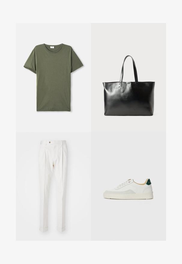 Plain olive green short-sleeve crew neck T-shirt laid flat on a white background.; White, tailored trousers with a flat front, two pleats, and rolled cuffs. Made of a smooth fabric with a button closure at the waist.; White sneaker with suede accents, rounded toe, flat laces, and a cream rubber sole. Features green branding on the heel.; Black smooth leather tote bag with two shoulder straps, rectangular shape, and subtle stitching detail on a white background.