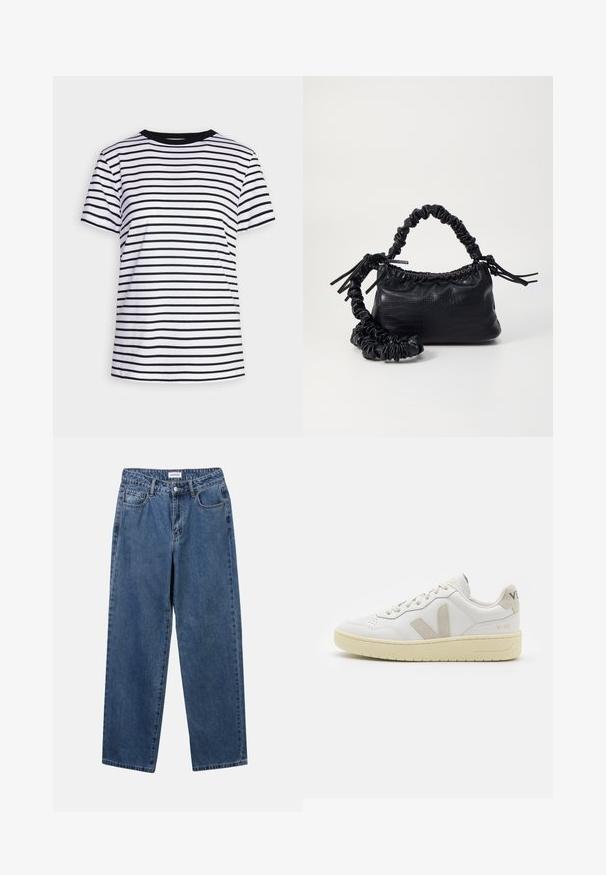 Mustmustritš, mis on valmistatud pehmest kangast. Omab ümmargust kaelust ja lühikesi varrukaid, ühtlaste horisontaalsete triipudega.; Klassikalised sinised denimists teksad otsejalaga disainiga, viie taskuga ja nööbisuletusega. Omab keskmist pesu ja tugevat tekstuuri.; Valge nahast tenniseking, millel on beežist siidist aktsent ja aukudega varvas, lame paelad ja tekstureeritud koorevärvi tallad. Omab nüansirikast brändimist kannal.; Must must sünteetilisest nahast käekott, millel on krokodillimuster, kokku tõmmatav ülaosa ja kortsus rihm. Tundub pehme ja kompaktne disain.