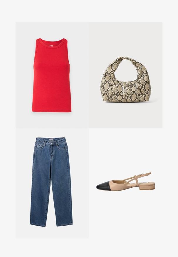 Rotes, geripptes Tanktop mit rundem Ausschnitt und breiten Trägern, gefertigt aus leichtem Stoff. Keine Verzierungen oder Muster.; Klassische blaue Denim-Jeans mit geradem Bein, fünf Taschen und Knopfverschluss. Sie verfügen über eine mittelblau gewaschene Optik und sind aus robuster Textur.; Beige und schwarze zweifarbige Slingback-Schuhe mit spitzer Zehenpartie, flachem Absatz und gekreuztem Riemendetail. Glattes Lederfinish.; Schlangenmuster-Tasche mit einem gebogenen Griff. Hergestellt aus strukturierten, beige- und braunfarbenen Materialien, die ein markantes Diamantmuster aufweisen.