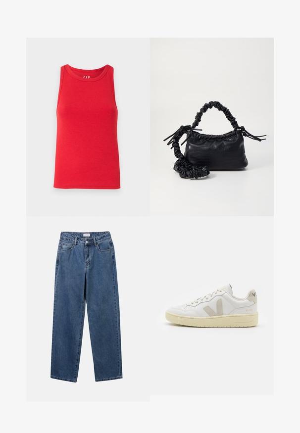 Red ribbed tank top with a rounded neckline and wide shoulder straps, made from lightweight fabric. No embellishments or patterns.; Classic blue denim jeans with a straight-leg design, five pockets, and a button closure. Features a medium wash and sturdy texture.; White leather sneaker with beige suede accents, perforated toe box, flat laces, and a textured cream sole. Features subtle branding on heel.; Black faux leather handbag with a crocodile texture, cinched top, and a scrunched strap. Appears soft and compact in design.