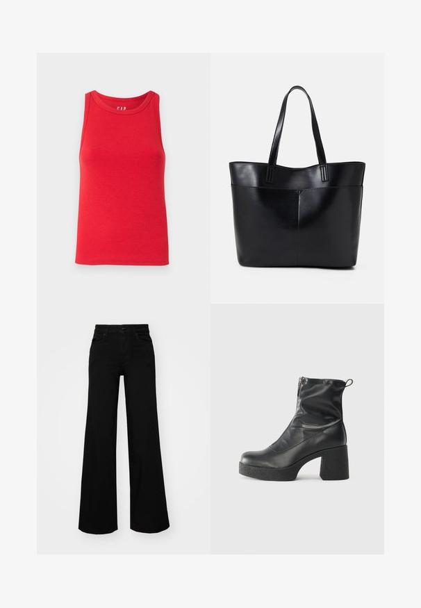 Červený rebrovaný top s okrúhlym výstrihom a širokými ramienkami, vyrobený z ľahkého materiálu. Bez zdobenia alebo vzorov.; Čierne široké nohavice z denimu s pevným pásom, pútkami na opasok a prednými vreckami. Hladká štruktúra s klasickým dizajnom.; Čierne členkové topánky z hladkej kože, so bočným zipsom, robustnou textúrovanou pätnou časťou a zaobleným dizajnom špičky.; Čierna kožená tote taška s dvoma dlhými rúčkami, hladkým povrchom a štruktúrovaným tvarom. Obsahuje prednú kapsu pre dodatočné uskladnenie.
