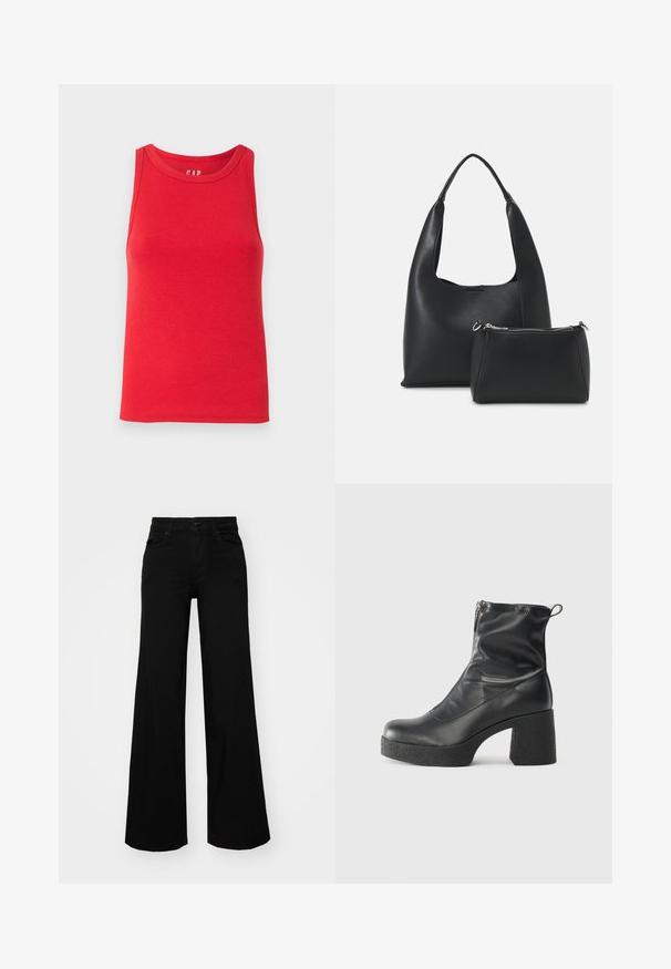 Canotta rossa a costine con scollatura tonda e spalline larghe, realizzata in tessuto leggero. Senza decorazioni né fantasie.; Pantaloni neri a gamba larga in denim, con una vita strutturata, passanti per la cintura e tasche frontali. Texture liscia con un design classico.; Stivali neri alla caviglia in pelle liscia, con zip laterale, tacco spesso e texture, e punta arrotondata.; Even&Odd Borsa a mano - black