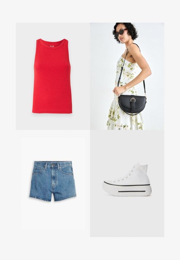 Top de tirantes rojo con superficie acanalada, de escote redondeado y tirantes anchos, hecho de un tejido ligero. Sin adornos ni patrones.; Pantalones cortos de denim en azul claro, con cinco bolsillos, cremallera y cierre de botón. El dobladillo está deshilachado y tiene un diseño de ajuste relajado.; Zapatillas altas blancas con parte superior de tela, suela de goma, detalle de franja negra y cierre de cordones. Suela texturizada para mayor agarre.; Bolso de piel negra con forma curva, correa desmontable y herrajes dorados. El bolso cuenta con una solapa con un detalle de hebilla.