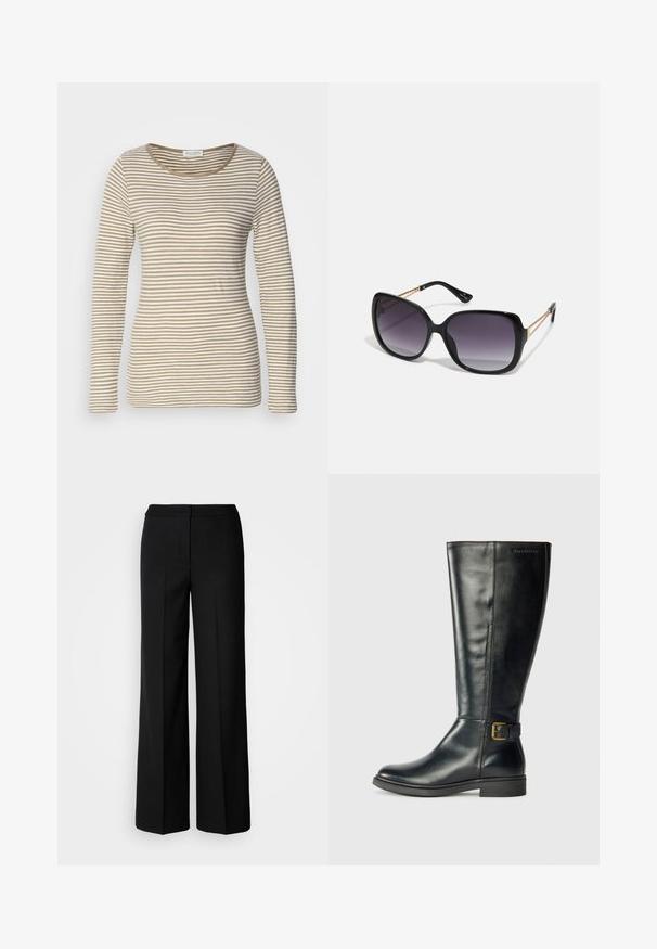 Hosszú ujjú, kerek nyakú felső, puha anyagból készült. Bézs és fehér vízszintes csíkok jellemzik, sima textúrájú és testhezálló fazonú.; Fekete, széles szárú nadrág sima anyagból, magas derekú, üzemben készült varrásokkal és minimalista dizájnnal. Nincsenek látható fémrészek vagy zsebek.; Fekete bőrből készült, térdig érő csizma sima felülettel, kerek orral és oldalsó csat részlettel; finom varrás a varrások mentén.; Fekete, oversize napszemüveg fokozatos árnyalatú lencsékkel, vastag kerettel és arany színű lánc díszítéssel a szárakon.