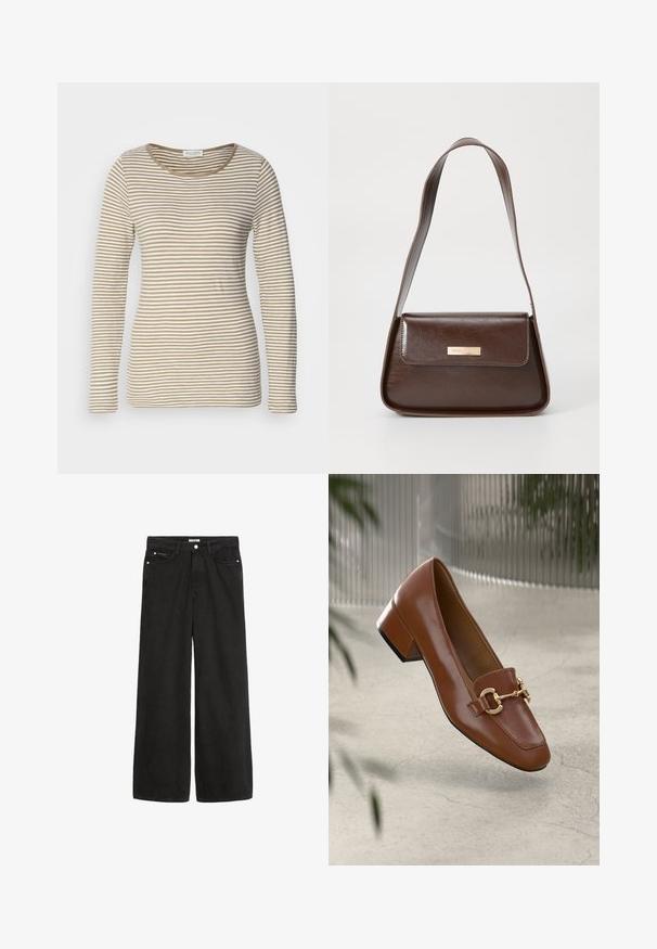 Pitkähiha, pyöreäkaulainen paita, joka on valmistettu pehmeästä kankaasta. Siinä on vaakasuorat raidat beige ja valkoinen, sileä tekstuuri ja istuva malli.; Suurin lahkeinen mustat farkut korkealla vyötäröllä. Ominaisuuksiin kuuluvat viisi taskua, metalliset yksityiskohdat ja siisti viimeistely. Tekstuuri on sileä ja pehmeä.; Ruskea kiiltävä nahkaloaferi neliönmuotoisella varpaalla, metalliketjuaktsentilla ja matalalla tukijalalla; sileä rakenne, minimalistinen muotoilu.; Ruskea nahkainen olkalaukku, jossa on rakenteellinen muotoilu, ja jossa on magneettinen läppäkiinnitys sekä metallinen logo korostus edessä.