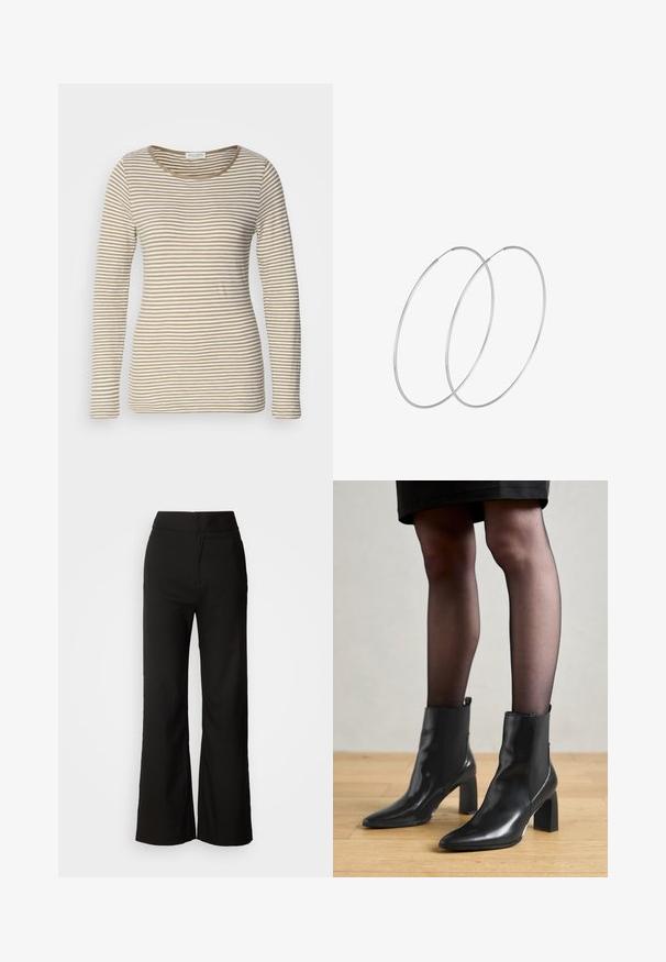 Pikad varrukad, ümar kaelusega särk, mis on valmistatud pehmest kangast. Omab horisontaalseid triibuseid beeži ja valge värviga, sujuva tekstuuri ja istuva lõikega.; Mustad laiad püksid sujuva tekstuuriga, kõrge vöökoht ja puhas disain. Ei ole nähtavaid taskuid ega dekoreerimist.; Mustad mustad jalanõud terava ninaga, paksu ruudukujulise kontsaga ja saleda disainiga. Omavad elastseid külgpaneele mugavaks selga tõmbamiseks.; Hõbedased rõngastikkaehingad minimalistlikus disainis. Ümar kuju, sile tekstuur ja õhuke profiil. Kerged ning poleeritud viimistlusega.