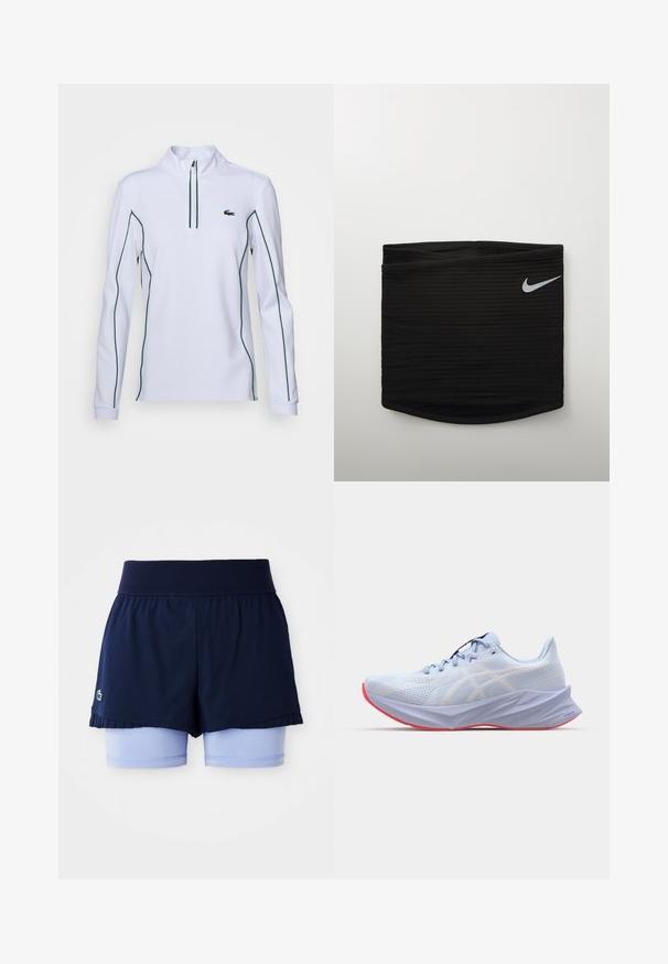 Suéter blanco de manga larga con cuello de cremallera, que presenta un ribete en contraste verde a lo largo de las mangas y el cuerpo, y un pequeño logo en el pecho.; Falda de tenis plisada en color navy con pantalones cortos ajustados de color azul claro por debajo y una cinturilla ancha acanalada.; Zapatilla deportiva de color azul claro con parte superior de malla texturizada, acentos de logotipo blancos, suela acolchada y suela rosa. Presenta un diseño elegante y ergonómico.; Cinturilla atlética negra con textura acanalada, que presenta un pequeño logo de Nike en blanco en el lado derecho. Diseño liso y ajustado.