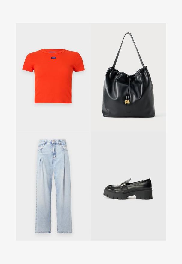Rød ribbet kortermet t-skjorte med rund hals, med et blått "HUGO" logo-merke på brystet. Glatt tekstur.; Lyseblå denimjeans med høy livlinje, vide ben, to sidelommer og plisserte detaljer. Myk tekstur med en falmet finish.; Sorte skinnloafers med en kraftig gummisåle. Har et spenneaksent og broderte detaljer langs overdelen. Flat hel.; Svart lær trekksekk med en glatt tekstur, samlet topp og subtilt gullbeslag. Har en enkelt solid stropp og preget logo.