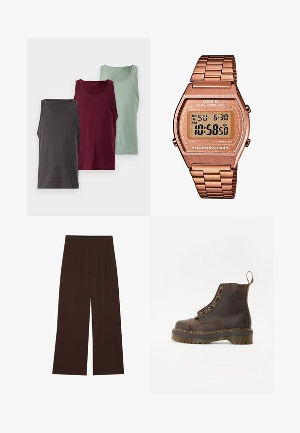 Trīs topi bez piedurknēm dažādās krāsās: tumši pelēkā, vīna sarkanā un gaiši zilā. Katram ir gluda tekstūra un noapaļots kakla izgriezums.; Gaiši brūns, garām piedurknēm pogājams krekls ar apkakles kaklu, izgatavots no teksturēta auduma. Iezīmēts ar mazu logo uz krūtīm.; Brūni plaša kāju bikses ar krokām. Izgatavotas no gluda auduma, ar pielāgotu jostas vidi un sānu kabatām. Lietus piegriezums apakšā.; Brūni ādas potītes zābaki ar noapaļotu purngalu, kontrastējošām dzeltenām šuvēm, dekoratīvām metāla acīm un rievotu gumijas zoli.; Digitālais Casio pulkstenis ar rozā zelta metāla siksniņu, taisnstūra korpusu, apgaismotu displeju un ūdensizturību, kas attēlo laiku un datumu.