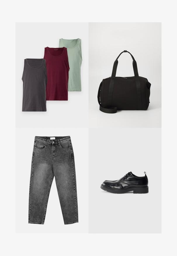 Tris marškinėlių be rankovių įvairiomis spalvomis: tamsiai pilka, burgundiška ir šviesiai žalia. Kiekvienas pasižymi lygiu audiniu ir apvalia iškirpte.; Juodos plačios tiesios kojų džinsai su priekinėmis ir galinėmis kišenėmis, dirželių kilpomis ir sagčių uždarymu klubų srityje.; Juodų odinių batų su suapvalintu nosiu, su raišteliais priekyje ir dekoratyvine siūle. Juose yra storas, tekstūruotas guminis padas ir pakeliamoji juostelė.; Juodas sportinis krepšys su storomis rankenomis ir nuimamu diržu. Pagamintas iš lygaus audinio, turi užtrauktuką ir minimalistinį dizainą.