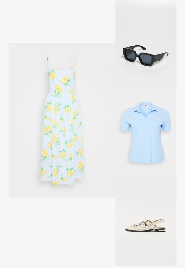 Hele sinine polo-särk, mis on valmistatud puuvillast, krae, lühikeste varrukate ja vasakul rinnal tikandiga logo. Sile tekstuur.; Valge kleit kollase sidruni mustriga, õhukeste rihmadega, kitsa pealsega ja lendleva seeliku osaga. Puuvillane kangas roheliste lehtede aktsentidega.; Valged nahast slingback-sandaalid, millel on mitmeid laiad rihmad ja hõbedased pandlad; tasane tald väikese musta kanna ja metalliliste detailidega.; Mustad ümmargused prillid, millel on geomeetriline disain, ristküliku kuju läätsed ja läikiv viimistlus. Ees pole nähtavat brändingut.; Kollane kudumine käekott, millel on klapp disain, eemaldatav randme rihm ja kuldne ahelakaunistus. Sile tekstuur ja ristkülikuline kuju.; Hõbedane rõngas kõrvarõngas poleeritud viimistlusega, millel on väikesed kuldsed aktsendid ja ümmargune kuju, kantud lobus.