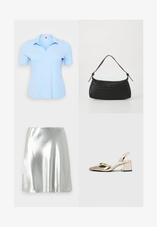 Lyseblå polo skjorte laget av bomull, med kragehals, korte ermer og brodert logo på venstre bryst. Glatt tekstur.; Sølvfarget metallisk mini skjørt med glatt tekstur og lett glans. Har en vid utforming og en enkel, ren kantlinje.; Gull, metallisk slingback-hæler med spiss tå og chunky hæl. Glatt tekstur, minimalistisk design og en smal stropp.; Svart vevd skulderveske med en glatt lærrem og glidelås. Har en teksturert overflate og buet form.