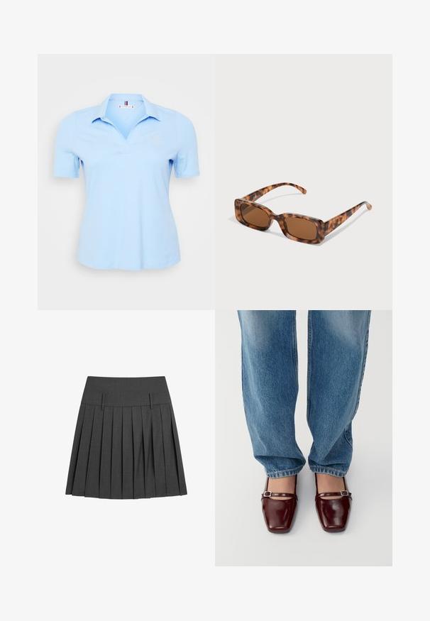 Světle modré polo tričko vyrobené z bavlny, s límečkem, krátkými rukávy a vyšitým logem na levé straně hrudi. Hladká textura.; Plisovaná šedá sukně z texturované látky, s plochým pasem a dvěma předními klopy, a mnoha vertikálními sklady pro větší objem.; Burgundské lakované boty se čtveratým špičkou a páskem kolem kotníku, spárované s lehkými modrými volnými džíny. Boty mají lesklý povrch.; Kočičí brýle se želvovinovým vzorem, obdélníkové hnědé čočky, silný rám a úzké nožičky s různými odstíny hnědé.; Burgundská kožená kabelka s zakřiveným tvarem, na zip a s řetízkem jako akcentem na popruhu. Hladký povrch s mírným leskem.