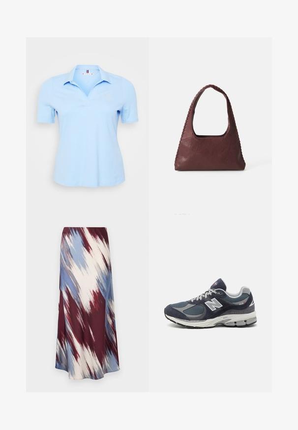 Světle modrá polo košile z bavlny, se stojáčkovým límcem, krátkými rukávy a vyšitým logem na levé hrudi. Hladká textura.; Dlhá sukňa s diagonálnym vzorom tie-dye v burgundskej, modrej a krémovej farbe, vyrobená z jemnej látky s splývavým strihom a jemným leskom.; Tenisky New Balance s námorníckou sieťou a zvrškom z semišu, so šedými akcentmi, bielym logom, polstrovanou podrážkou a textúrovanými detailami.; Burgundská kožená kabelka trojuholníkového tvaru, s otvoreným vrchom a vrúbkovaným detailom na rukoväti. Hladký povrch s matným finišom.