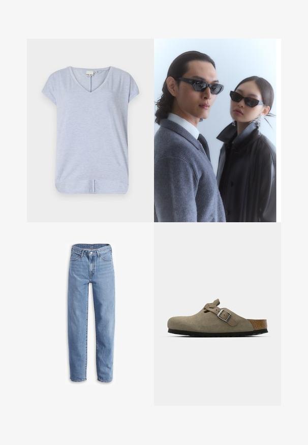 Hele helesinine lühikeste varrukate ja V-kaelusega pluus, mis on valmistatud pehmest kangast, veidi kaarduva hemiga ja väikese külje lõhiku tõttu suurema liikumisvabaduse saavutamiseks.; Heledad sinised teksad, mis on valmistatud denimist, lõdva istuvuse, sirgete sääreosade, viie tasku disaini ning kulunud äärtega, et saavutada rahulik välimus.; Nahatise nahkkingad heledas oliivrohelises värvitoonis, millel on vormitud kork ja kummitald. Omab külgrihma koos metallist pandlaga ning ümarat nina.; Nurgad musternik musternik musternikuong, joonistav tekstuuriga kudum ja must nahkjakker, mille kannab teine mudel.