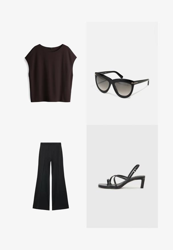 Dunkelbraunes, kurzärmliges Oberteil mit rundem Ausschnitt und weicher, glatter Textur. Lockere Passform mit abgesenkten Schulternähten und ohne sichtbare Verschlüsse.; Schwarze weit geschnittene Hose mit glatter Textur, ausgestattet mit Frontfalten und einem taillierten Design. Der Stoff ist leicht und fließend.; Schwarze Sandale mit Riemchen, quadratischer Zehenform und niedrigem Blockabsatz. Verfügt über mehrere dünne Riemen und einen verstellbaren Knöchelriemen. Hergestellt aus glattem Leder.; Tom Ford DORIS - Sonnenbrille - shiny black/gradient smoke