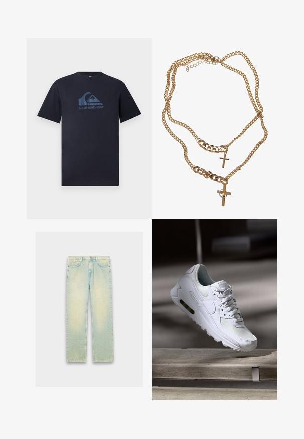 Tamsiai mėlynas medvilninis marškinėliai su dideliu, šviesiai mėlynu "Quiksilver" logotipu, ant kurio pavaizduota banga ir kalnas priekyje. Trumpomis rankovėmis, apykaklė kadu.; Šviesiai mėlynos džinsinės kelnės su laisvu kirpimu, turinčios penkias kišenes, užtrauktuką ir išblukusius intarpus ant šlaunų bei kelių.; Baltos Nike Air Max 90 sportbačiai su.comi ir odos viršumi, perforuota pirštų dėžute ir matomu oro pagalvėle kulne.; Aukso tono sluoksniuota grandinėlė kaklo papuošalas su dviem kryžiaus pakabukais, įvairiais grandinėlės stilių raštais, poliruota apdaila ir uždarymo sagtimi.