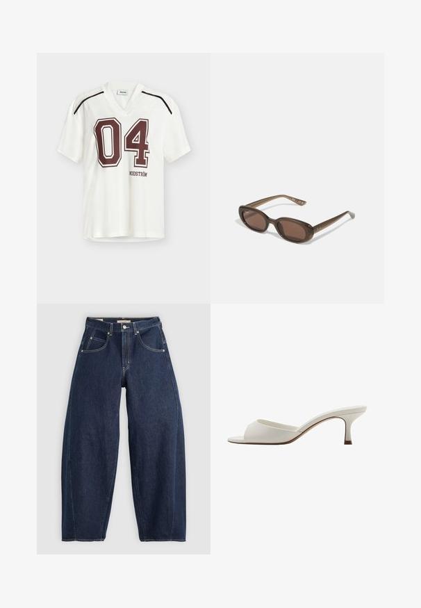 T-shirt blanc à manches courtes avec col en V, arborant un imprimé "04" rouge foncé et le texte "MODSTRÖM". Confectionné en tissu texturé avec des rayures contrastées.; Jean en denim bleu foncé, à coupe ample, avec des coutures claires, cinq poches et un bouton de fermeture à la taille.; Mules à talons hauts ouverts et blancs avec une finition lisse, un design minimaliste et un talon fin, mettant en avant un accent brun subtil sur la semelle.; Lunettes de soleil ovales marron avec des verres foncés. La monture est en matériau transparent marron et comporte un logo imprimé sur les branches.; Sac à main en cuir vert au toucher lisse, de forme courbée et avec une anse tressée. Il dispose d'une fermeture éclair et d'une sangle réglable.