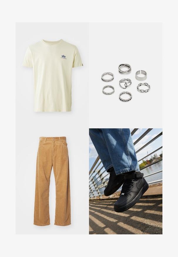 Tricou din bumbac crem, cu un logo albastru pe partea stângă a pieptului. Guler clasic la baza gâtului și mâneci scurte, fără niciun model sau accente.; Pantaloni largi din catifea în culoare bej. Prezintă dungi texturate verticale, cu un talie standard și două buzunare frontale.; Adidași Nike Air Force 1 negri, cu superior din piele, limbă din plasă și talpă din cauciuc, având un design de tip high-top și șireturi groase.; Set de șapte inele din argint cu diverse modele, inclusiv modele răsucite, legate și gravate. Forme și lățimi diferite.