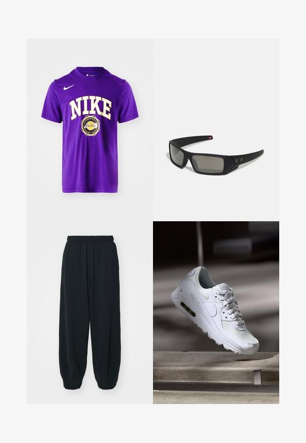 T-shirt di cotone viola con il testo "NIKE" bianco bordato di giallo e un logo dei Los Angeles Lakers centrato sotto. Collo rotondo e maniche corte.; Pantaloni da jogging neri con vita elasticizzata, dalla vestibilità morbida, caviglie a costina, texture liscia e senza motivi visibili o dettagli in metallo.; Sneaker Nike Air Max 90 bianco con tomaia in mesh e pelle, punta forata e un'unità air visibile nel tallone.; Occhiali da sole neri con finitura opaca, lenti rettangolari, leggero curvatura sulle tempie, dettaglio logo discreto e lenti color fumo.