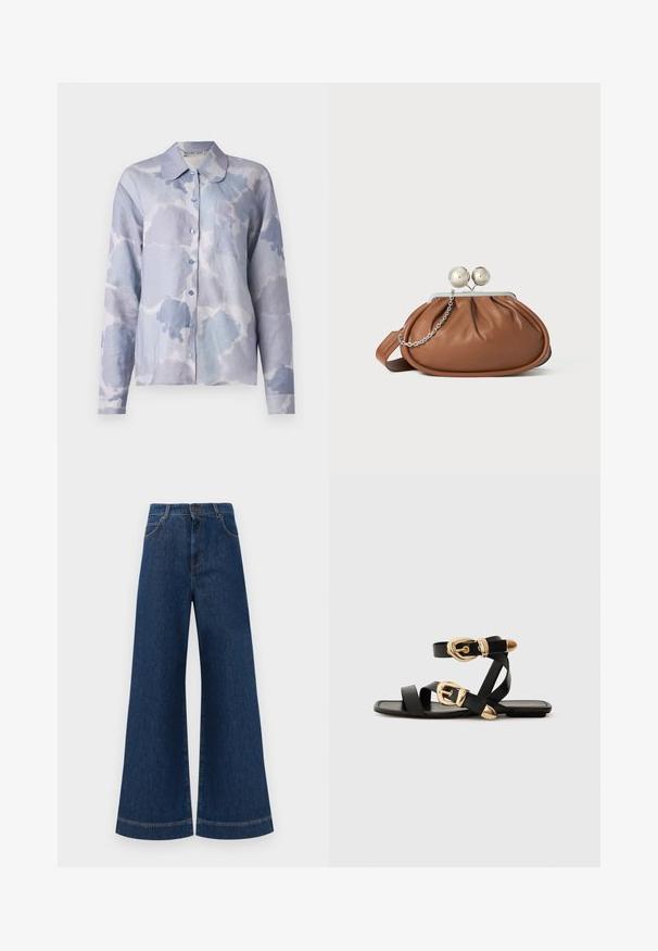 Light blue button-up shirt in soft fabric, featuring a cloud-like pattern, a folded collar, long sleeves, and a single chest pocket.; Wide-leg blue denim jeans with a high waist, featuring a button closure, belt loops, and subtle stitching details along the pockets and hems.; Black leather sandals with gold buckle accents, featuring multiple straps and a flat sole design for open-toe wear.; Brown leather clutch purse with silver ball clasp and a small silver chain detail on a white background.