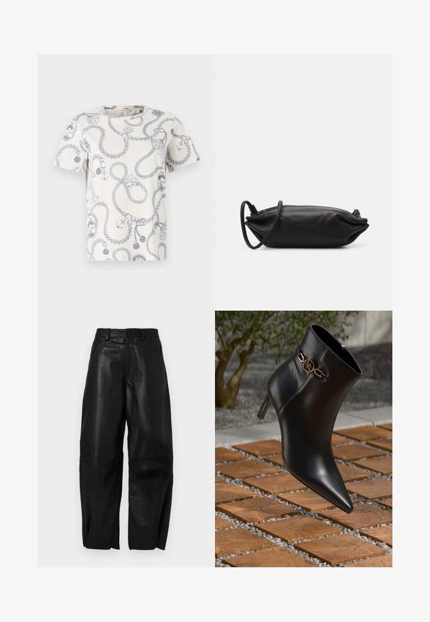 Weißes T-Shirt mit blauem maritimen Druck, der Seile, Anker und dekorative Motive zeigt. Rundhals und kurze Ärmel.; Schwarze Bluse mit langen transparenten Ärmeln, die vordere Falten und ein mehrlagiges Stoffblütenakzent an der linken Schulter aufweist. Knopfverschluss am Hals.; Schwarze Lederhose mit lockerer Passform, geradem Bein, Fronttaschen und sichtbaren Nähten.; Schwarze Leder-Ankle-Boots mit spitzem Zehen und kleinem Absatz. Mit einem goldenen Kettenakzent am Knöchel. Umgeben von einer strukturierten Steoberfläche.; Schwarze Leder-Clutch mit rechteckiger Form, glatter Textur, dünnem Schulterriemen und minimalistischer Gestaltung.