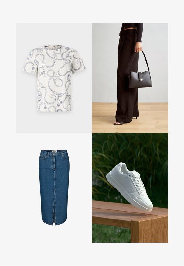 Weißes T-Shirt mit blauem maritimen Druck, der Seile, Anker und dekorative Motive zeigt. Rundhals und kurze Ärmel.; Dunkelblauer Denim-Bleistiftrock mit einem Schlitz vorne, fünf Taschen und kontrastierenden Nähten. Mittlere Taillenhöhe mit klassischem Design.; Weiße Sneaker mit einem glatten, synthetischen Obermaterial, perforierter Zehenbox, flachen Schnürsenkeln und einer strukturierten Sohle, präsentiert auf einer Holzoberfläche.; Schwarze Handtasche mit strukturierter Form, glatter Textur und einem metallischen Verschluss. Kombiniert mit weiten schwarzen Hosen und offenen Sandalen auf einem Holzboden.