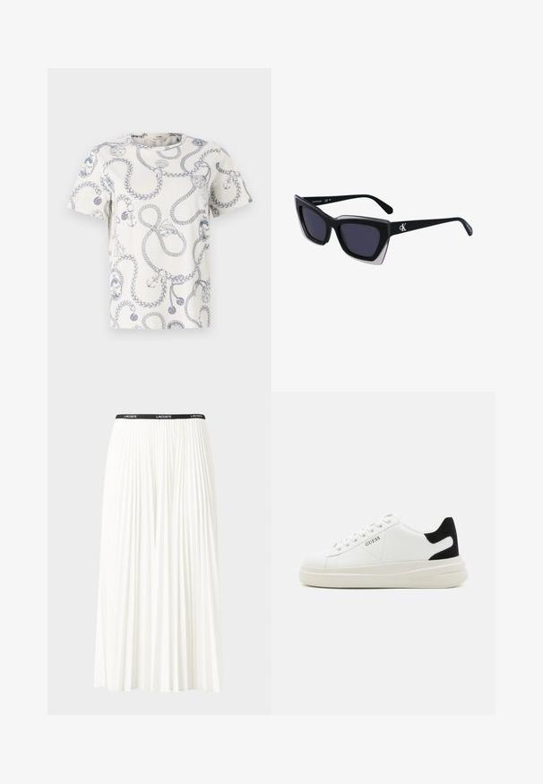 White t-shirt with blue nautical-themed print featuring ropes, anchors, and decorative motifs. Round neckline and short sleeves.; Pleated white skirt with a black elastic waistband featuring the "LACOSTE" logo. Mid-length design with soft texture.; White leather sneakers with a thick white sole, black suede heel accent, and embossed logo on the side. Laced design with six eyelets.; Black oversized sunglasses with a geometric shape, featuring dark lenses and a contrasting grey detail on the frame. Logo on the arm.