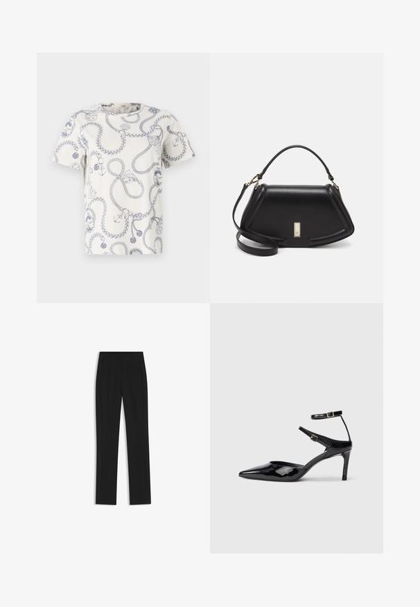 White t-shirt with blue nautical-themed print featuring ropes, anchors, and decorative motifs. Round neckline and short sleeves.; Black tailored trousers with a straight-leg design, featuring front pockets and a smooth, textured fabric. Neat, minimal detailing.; Black patent leather heels with a pointed toe, adjustable ankle straps, and a slender heel. Smooth texture with a shiny finish.; Black leather handbag with a structured design, featuring a cropped shape, top handle, and gold hardware accent. Adjustable shoulder strap included.