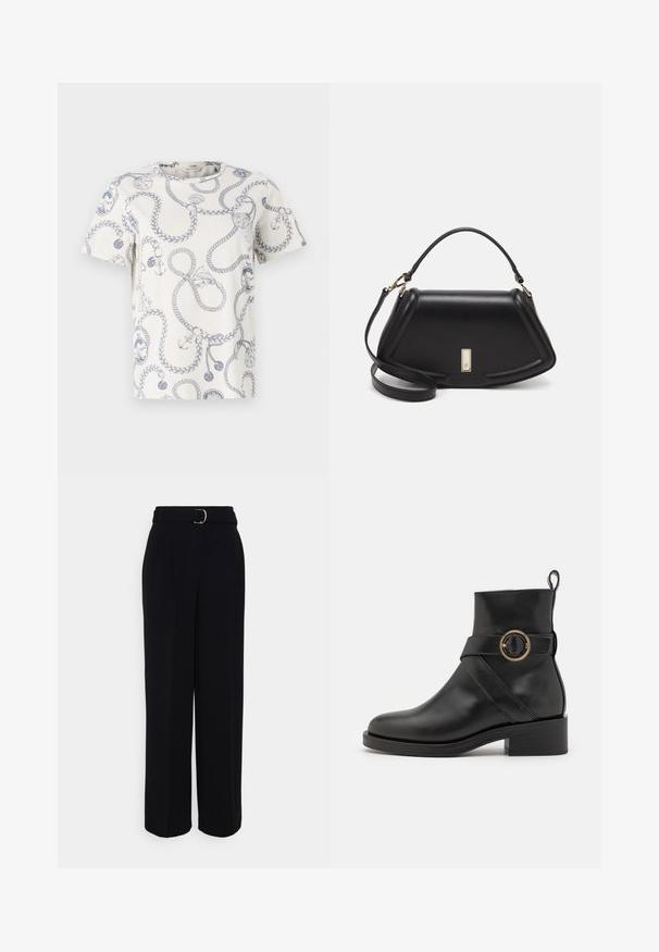 White t-shirt with blue nautical-themed print featuring ropes, anchors, and decorative motifs. Round neckline and short sleeves.; Black tailored pants with a wide-leg silhouette, featuring a belt with a silver buckle, pleats, and a smooth fabric texture.; BOSS IRYNA BOOTIE - Platform ankle boots - black; Black leather handbag with a structured design, featuring a cropped shape, top handle, and gold hardware accent. Adjustable shoulder strap included.
