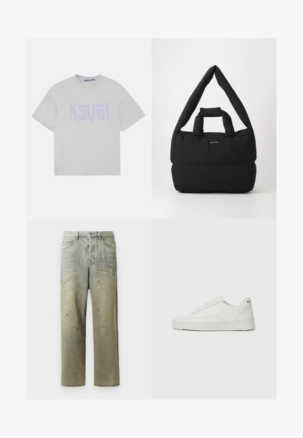 Gaiši pelēks īsām piedurknēm T-krekls ar purpura krāsas "KSUBI" grafisko tekstu. Klasiska piegriezuma, kokvilnas materiāls, apaļā kakla dizains un minimālisma stils.; Izsistās džinsās gaisā zaļā krāsā, ar taisnu kāju, piecu kabatu dizainu un nevienmērīgu izbalēšanu, kā arī krāsas šļakatas.; Baltas ādas sneakers ar gludu virsmu, apaļu pirkstu daļu, plakaniem šņorēm un teksturētu zoli. Satur diskrētu logotipu uz papēža.; Melnā mīkstā soma ar plata, mīksta pleca siksnu un augšējo rokturi. Aprīkota ar rāvējslēdzēja aizdari un diskrētu logotipu priekšpusē.