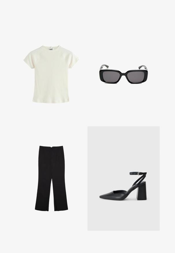 T-shirt bianco a righe con maniche corte e scollatura rotonda. Tessuto testurizzato con una vestibilità regolare. Etichetta logo sul retro del collo.; Pantaloni neri a gamba dritta, con tasche frontali e spacchi laterali all'orlo. Realizzati in tessuto morbido e liscio. Adatti a diverse occasioni.; Pump in pelle nera con punta affusolata, cinturino alla caviglia e tacco spesso. Texture piatta, design elegante ed estetica minimalista.; Occhiali da sole neri rettangolari con lenti scure, montatura in plastica liscia e tempie curve. Il design è voluminoso con un'estetica minimalista.