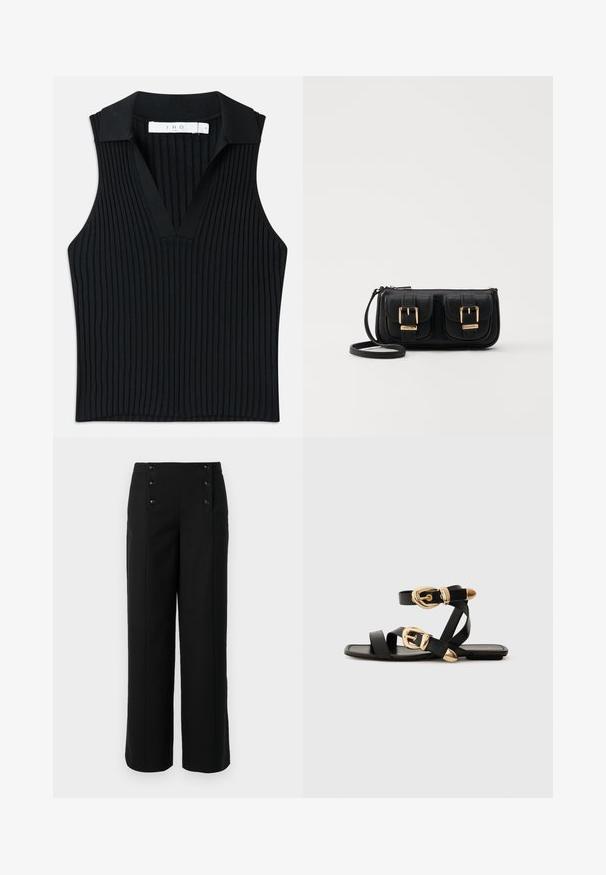 Fekete ujjatlan top, gallérral, függőlegesen bordázott textúrával, V-kivágással és testhez simuló fazonnal. A címkén a "IRO" márkaneve szerepel.; Fekete, széles szárú nadrág sima anyagból, magas derékkal és öt elülső gombbal a záráshoz. Elegáns, igényes kialakítás.; Fekete bőr szandál arany csattal, több hevederrel és lapos talpú dizájnnal, nyitott lábujjú viselethez.; Fekete bőr keresztbody táska két elülső zsebbel, arany csattokkal, cipzáras záródással és vékony pánttal. Textúrált felület és kompakt téglalap alak.