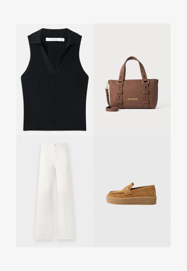 Musthave kaeluseta must top, millel on vertikaalne ribikujundus, V-kaelus ja keha lähedane siluett. Sildi peal on brändi nimi "IRO."; Valged, kõrge vöökohaga laiad teksad, mis on valmistatud denimist. Omab nupuga sulgemist, kahte esimest taskut ja külgede õmbluste detailseid õmblusi.; Pruun nubukloafer ümmarguse varbaga, ribadega platvormi tallaga ja dekoratiivse rihmaga ülevalt.; Pruun Love Moschino käsitasku kahe käepidemega, reguleeritava õlavarre rihmaga ja kuldse tooni riistvaraga üheltoonil taustal.