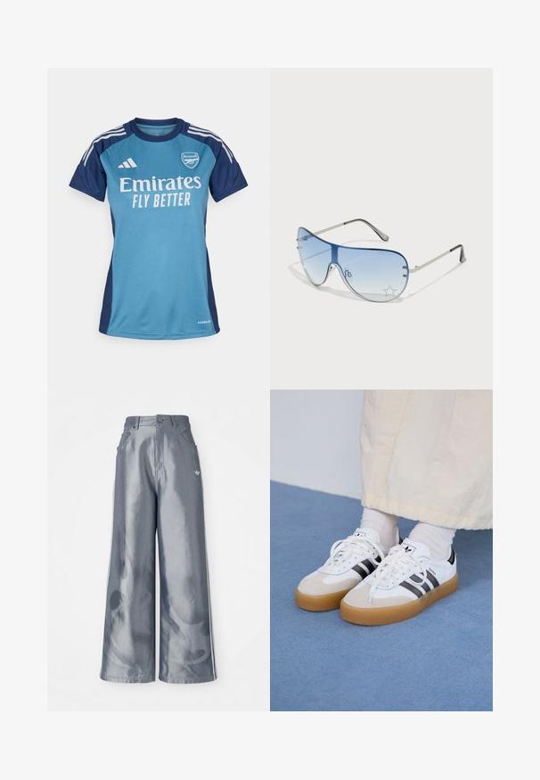 Tricou de fotbal turcoaz și albastru marin cu mâneci scurte, având logo-ul alb „Emirates”, textul „FLY BETTER” și dungi Adidas.; Pantaloni cu picioare largi din material lucios gri, având dungi laterale albe și un model cu flăcări pe picioarele inferioare. Închidere cu nasture și fermoar la talie.; Adidași albi cu dungi negre și accente din suede bej. Au talpă din cauciuc texturat și șireturi albe plate, purtați cu șosete de culori deschise.; Ochelari de soare aviator cu lentilă gradient albastră, ramă metalică argintie și accente decorative sub formă de stele pe lentilă. Design neted și elegant.