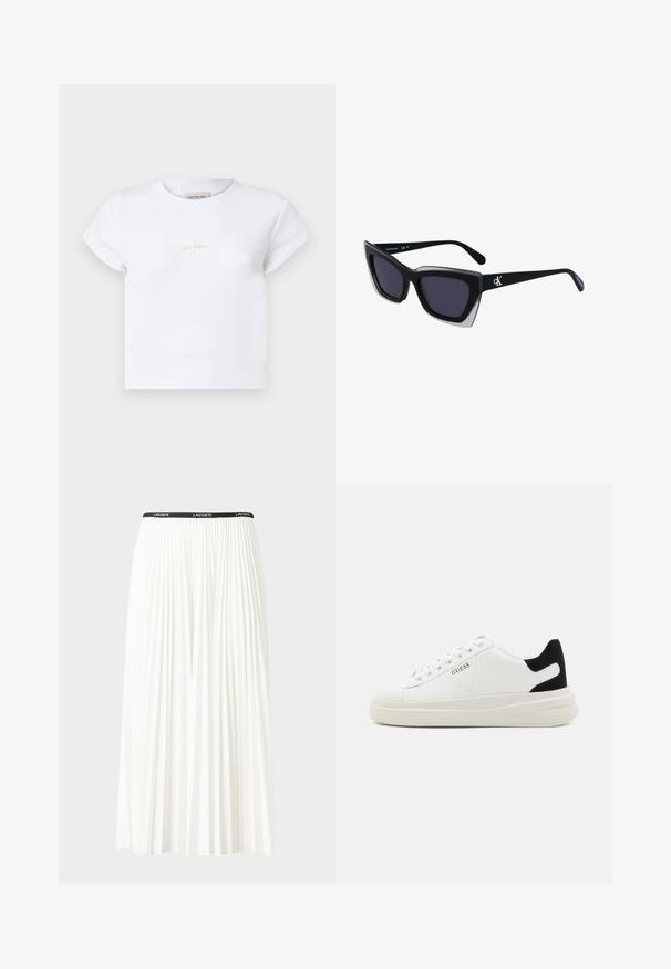 T-shirt de algodão branco de manga curta, com um discreto logo dourado "Calvin Klein" na frente e decote redondo.; Saia plissada branca com uma cintura elástica preta que apresenta o logótipo "LACOSTE". Design de comprimento médio com textura suave.; Sapatilhas brancas de couro com uma sola branca espessa, detalhe em camurça preta no calcanhar e logótipo em relevo na lateral. Design com atacadores e seis ilhós.; Óculos de sol oversized pretos com forma geométrica, apresentando lentes escuras e um detalhe cinza em contraste na armação. Logotipo na haste.