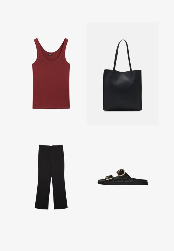 Canotta senza maniche bordeaux realizzata in morbido cotone, con scollatura a barca e vestibilità normale con minimi dettagli di cucitura.; Pantaloni neri a gamba dritta, con tasche frontali e spacchi laterali all'orlo. Realizzati in tessuto morbido e liscio. Adatti a diverse occasioni.; Infradito neri con due accenti di fibbia dorata, materiale dalla texture liscia, suola piatta e design minimalista.; Borsa tote in pelle nera con texture liscia, forma rettangolare e due manici lunghi. Nessun hardware o decorazione visibile.