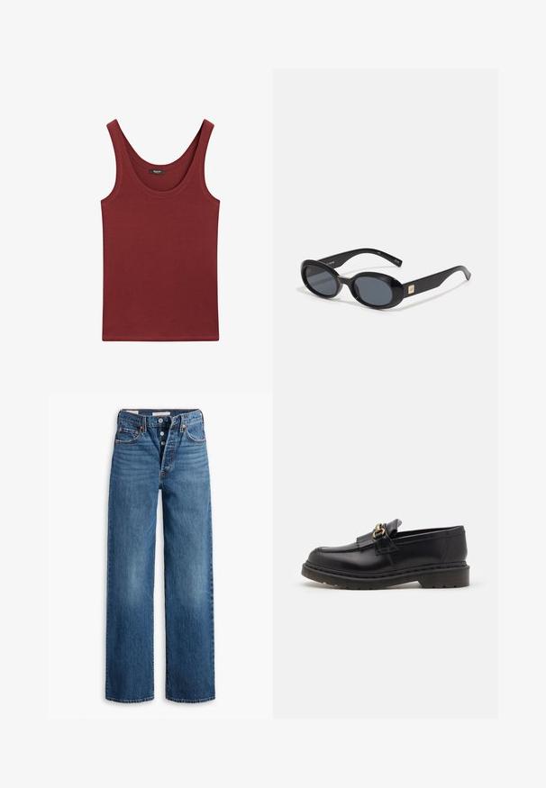 Bordeaux-farbenes, ärmelloses Tanktop aus weicher Baumwolle mit einem Rundhalsausschnitt und normaler Passform, ausgestattet mit minimalen Nähten.; Blaue Denim-Jeans mit weitem Bein, fünf Taschen, Knopfverschluss und kontrastierenden Nähten. Strukturierter Stoff mit einem verblassten Finish.; Schwarze Lederloafers mit runder Zehenform, dekorativem Fransenbesatz und goldenen Hardware-Akzenten. Dicke Gummisohle für zusätzlichen Halt und Strapazierfähigkeit.; Schwarze ovale Sonnenbrillen mit dunklen Gläsern, glänzendem Kunststoffrahmen, breiten Bügeln und einem kleinen goldenen Akzent auf einer Seite.; Schwarze Lederhandtasche mit geschwungenem Design, ausgestattet mit einem abnehmbaren Schulterriemen und silbernen Hardware-Details. Glatte Oberfläche mit einem dezenten Logo.