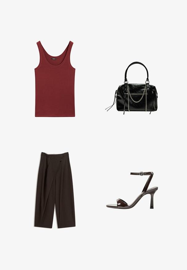 Bordowy top bez rękawów wykonany z miękkiej bawełny, z okrągłym dekoltem i standardowym krojem oraz minimalną ilością przeszyć.; Ciemnobrązowe szerokie spodnie o wysokim stanie, z pojedynczym zapięciem na guzik i plisowanym przodem. Wykonane z lekkiego materiału.; Brązowe lakierowane skórzane sandały na wysokim obcasie z paskiem wokół kostki, otwartym noskiem i eleganckim, minimalistycznym designem. Posiadają kwadratowy obcas.; Bershka - Torebka